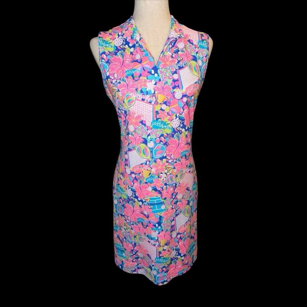 Lulu-B Pickleball Sleeveless Dress Colorful Pink Blue Print Small Activewear